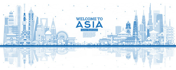 Outline Welcome to Asia Skyline with Blue Buildings.