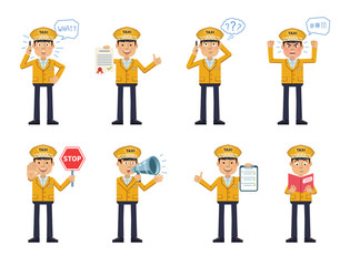 Set of taxi driver characters posing in different situations. Cheerful driver talking on phone, surprised, thinking, angry, holding stop sign, loudspeaker, book, clipboard. Flat vector illustration