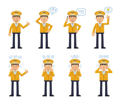 Set Of Taxi Driver Characters Posing In Different Situations. Cheerful Driver Talking On The Phone, Thinking, Pointing Up, Surprised, Laughing, Crying, Smiling. Flat Style Vector Illustration