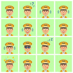Big set of taxi driver emoticons. Cabdriver avatars showing different facial expressions. Happy, sad, smile, laugh, surprised, serious, sleepy, dizzy and other emotions. Simple vector illustration