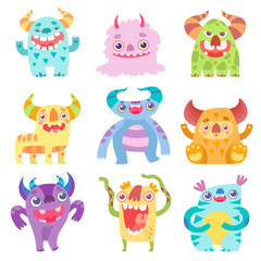 Cute Smiling Toothy Monsters, Friendly Funny Colorful Aliens Cartoon Characters Vector Illustration