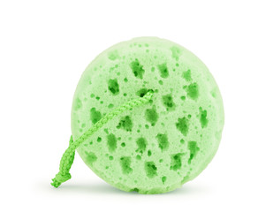 Shower gel and green washcloth isolated on white background