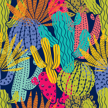 Cute cactus. Colorful seamless pattern.