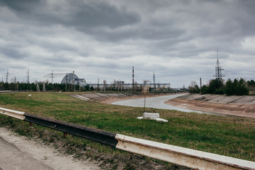  View of the destroyed Reactor 4 and the Memorial for the Chernobyl liquidators, Chernobyl...