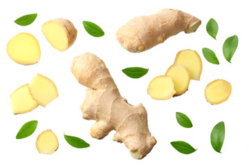 sliced ginger with leaves isolated on white background top view