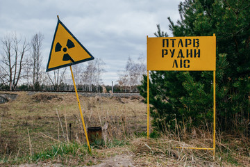 Radiation sign on a graveyard in abandoned Pripyat city in Chernobyl Exclusion Zone, Ukraine
