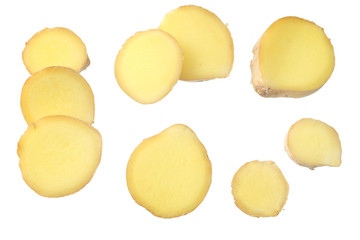 sliced ginger isolated on white background top view