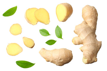 sliced ginger with leaves isolated on white background top view