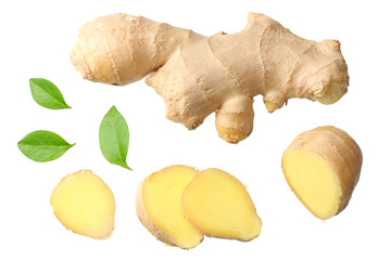 Fototapeta premium sliced ginger with leaves isolated on white background top view
