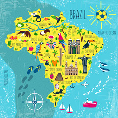 Brazil illustrated map vector, South America geographic cartoon banner template with landmarks, museum, church, traditional food, Brazilian carnival, animal and flowers, design for travel poster, card