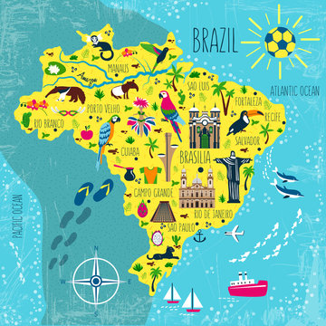 Brazil illustrated map vector, South America geographic cartoon banner template with landmarks, museum, church, traditional food, Brazilian carnival, animal and flowers, design for travel poster, card