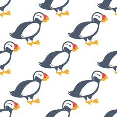 Seamless pattern Icelandic puffin bird isolated on white background, vector cartoon decoration illustration, Atlantic Arctic wild animal, species of seabird, flat style character design for wallpaper