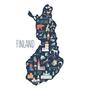 Finland travel cartoon vector map isolated on white background, Finnish landmarks, symbol, wild animal, flat building illustration, Nordic country geographic decor for design wallpaper, travel poster