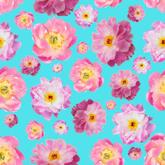 Fototapeta na wymiar Seamless pattern with pink peonies on a blue background.