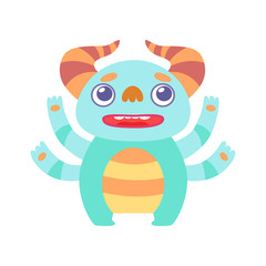 Cute Light Blue Horned Monster, Adorable Alien Cartoon Character Fantastic Creature Vector Illustration