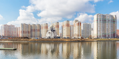 Panorama of a residential complex with a church, Moscow, Russia