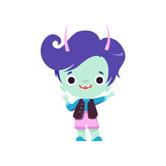 Cute Horned Troll Boy, Adorable Smiling Fantasy Creature Character with Blue Hair Vector Illustration