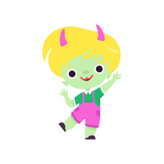 Cute Horned Troll Boy, Happy Smiling Fantasy Creature Character with Yellow Hair Vector Illustration