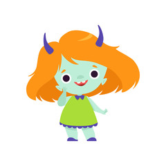 Cute Horned Troll Girl, Adorable Smiling Fantasy Creature Character with Orange Hair Vector Illustration