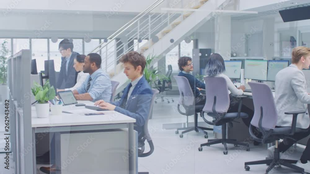 Aufkleber Diverse Team of Business Managers and Specialists Work on Desktop Computers with Two Rows of Tables Side by Side. Young and Motivated Business people in Modern Open Office.