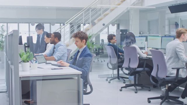 Diverse Team of Business Managers and Specialists Work on Desktop Computers with Two Rows of Tables Side by Side. Young and Motivated Business people in Modern Open Office.