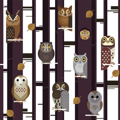 Vector seamless pattern with cute owls, leaves, forest trees
