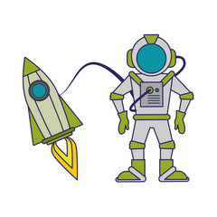 Astronaut and spaceship cartoon blue lines