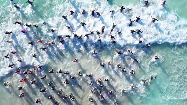Start of a Triathlon showing swimmers heading out to sea