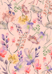 Watercolor seamless pattern, background with a floral pattern. Beautiful vintage drawings of plants, flowers,willow branch, berry, branches, grass,chamomile. botanical illustration. Pink paint splash