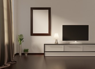An empty wooden frame on the white wall with cabinet, TV, plants. Mock up for photos, pictures, images. 3D rendering.
