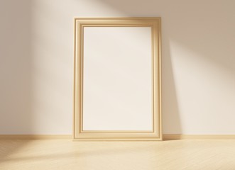 Empty wooden frame on a floor with sun shadows. Mock up for pictures, photos and lettering. 3D rendering.