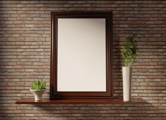 An empty frame on the wooden shelf with plants and brick background. Mock up for images, photos, lettering. 3D rendering.