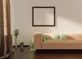 Home interior with sofa and an empty frame. Mock up with Scandinavian style. 3D rendering.