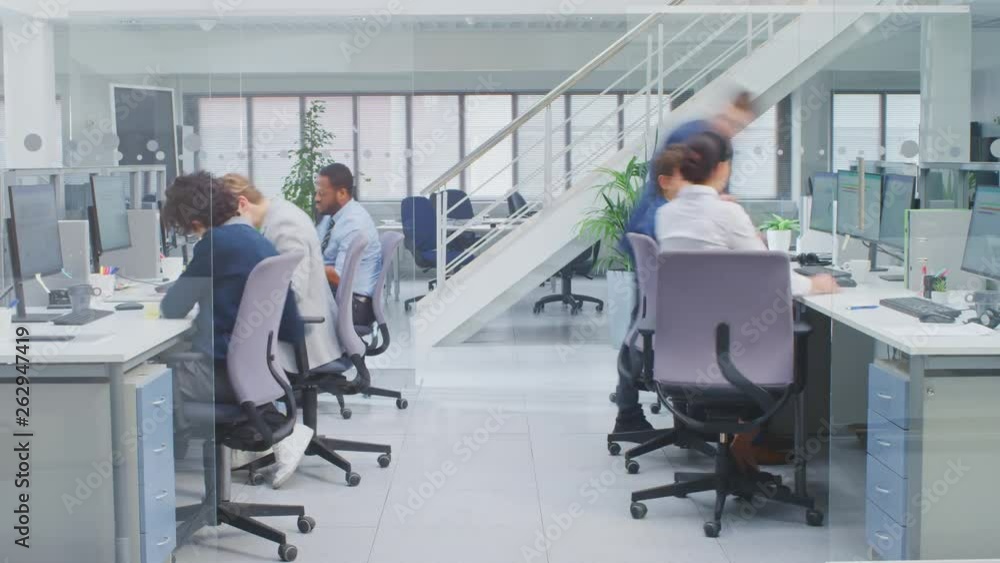Poster Timelapse of Diverse Multinational Team of Business Managers and Specialists Working on Desktop Computers, Have Discussion with Colleagues. Young and Motivated Business People in Modern Open Office.