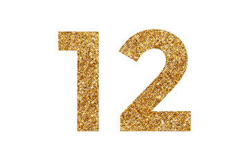 Number 1 and 2. Letters and Numbers from golden grains of sand. English alphabet. Isolated on white background.
