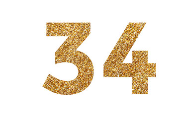 Number 3 and 4. Letters and Numbers from golden grains of sand. English alphabet. Isolated on white background.