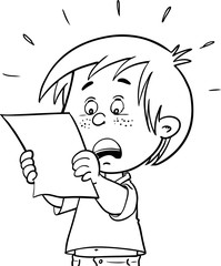 scared little boy reading a horror