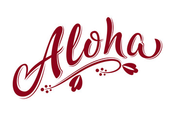 Aloha hand lettering text with hibiscus flower. Hawaii floral t-shirt print. Monochrome isolated summer hello phrase. Vector template for poster, greeting card, bags, beach party invitation - obrazy, fototapety, plakaty