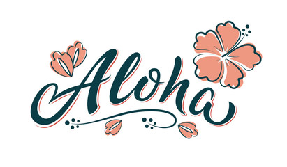 Aloha hand lettering text with hibiscus flower. Hawaii floral t-shirt print. Summer hello phrase in soft colours. Isolated vector template for poster, greeting card, bags, beach party invitation © Elena Iakovleva