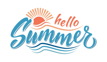 Hello Summer lettering composition with sun and waves. For poster, background, postcard, gretting card, banner, window. Vector template for print on cup, bag, t-shirt, package, balloon