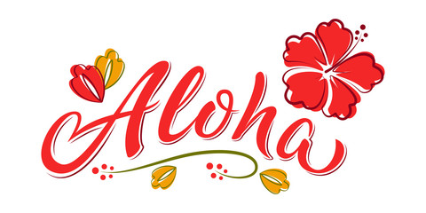 Aloha hand lettering text with hibiscus flower. Hawaii floral t-shirt print. Summer hello phrase in bright colours. Isolated vector template for poster, greeting card, bags, beach party invitation - obrazy, fototapety, plakaty