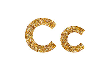 Character C. Letters and Numbers from golden grains of sand. English alphabet. Isolated on white background.