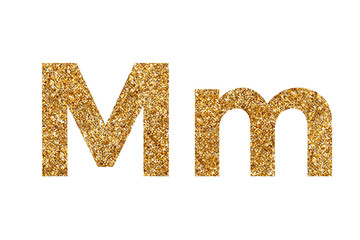 Character M. Letters and Numbers from golden grains of sand. English alphabet. Isolated on white background.