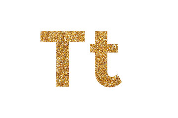 Obraz premium Character T. Letters and Numbers from golden grains of sand. English alphabet. Isolated on white background.