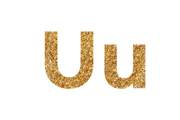 Character U. Letters and Numbers from golden grains of sand. English alphabet. Isolated on white background.