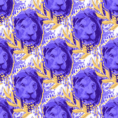 Obraz premium Male lion head decorated with abstract leaves and bushes.