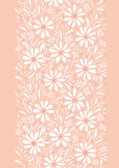 Monochrome hand-painted daisies and foliage on peach pink background vertical vector seamless border. Floral Edge