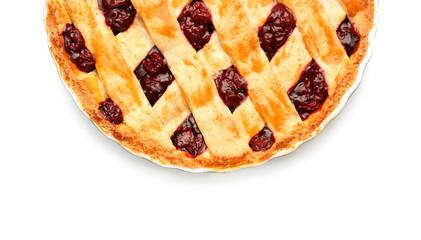 Tasty cherry pie on white background