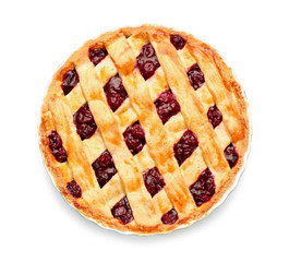 Tasty cherry pie on white background