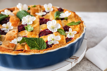 Tasty cherry pie on table, closeup